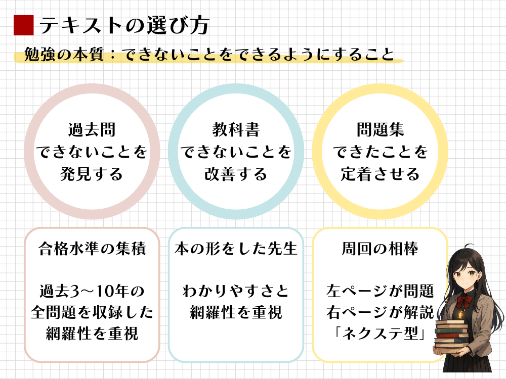独学のテキスト選びの基本原則を図解。学力伸長のサイクル（できないことの発見・改善・定着）に合わせ、過去問、教科書、問題集という三種の神器それぞれの役割と選び方（ネクステ型など）を解説している