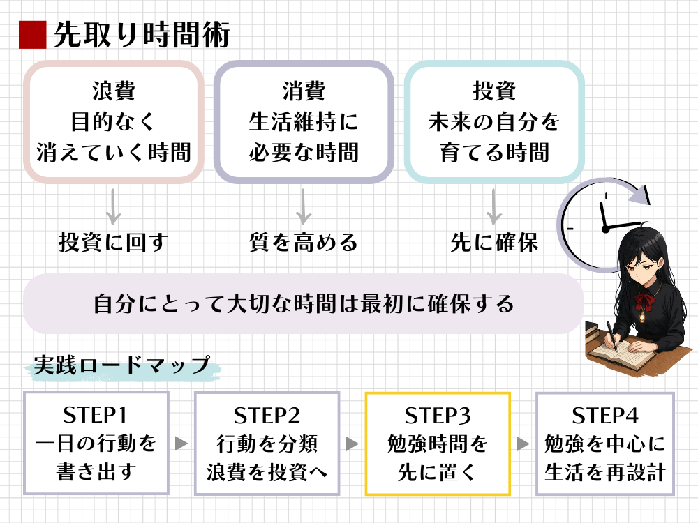 「先取り時間術」を図解。時間を浪費・消費・投資に分類し、大切な時間を最初に確保する考え方を示す。行動の棚卸しから勉強中心の生活を再設計する4ステップを提示。