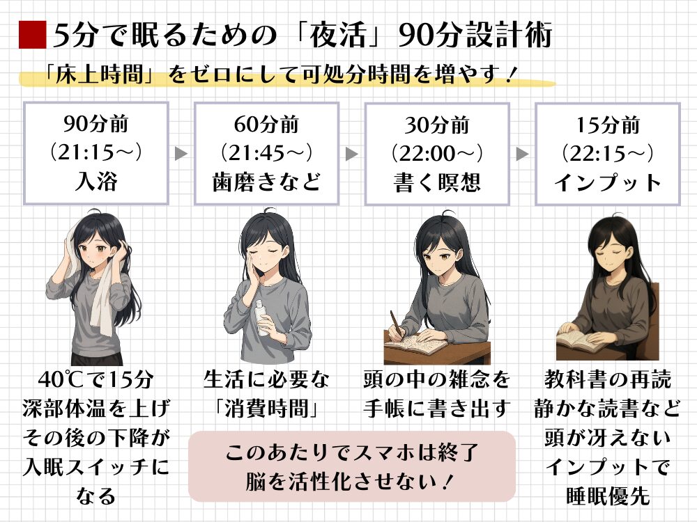5分で眠るための「夜活90分設計術」を図解。就寝90分前の入浴で深部体温を下げ、書く瞑想で脳を鎮め、スマホを断ってスムーズな入眠を促すタイムラインを解説。床上時間のロスをなくし睡眠の質を最大化します。