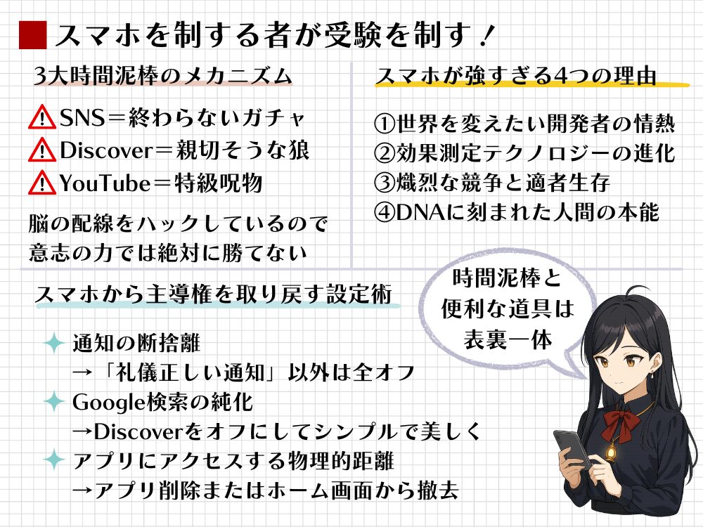 「スマホ対策」の図解。SNSやYouTubeの誘惑の仕組みと、意志では勝てない構造を解説。通知オフやアプリ削除など、主導権を奪い返しスマホを便利な道具に変える設定術を紹介。
