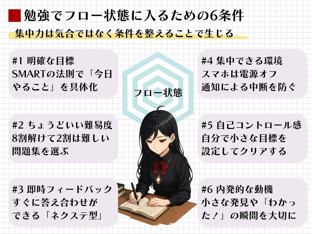 勉強でフロー状態に入る6条件を図解。SMART目標設定や難易度調整、スマホ電源オフなどの環境整備で最高の集中を立ち上げる。