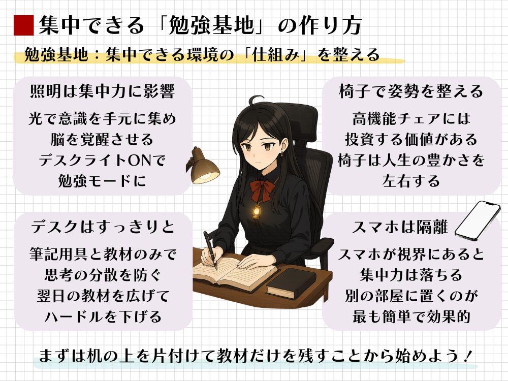集中できる「勉強基地」の作り方を図解。照明による覚醒、高機能チェアへの投資、スマホの物理的隔離、机の余白作りなど、脳を強制的に勉強モードへ切り替える環境設計の5ステップを解説。