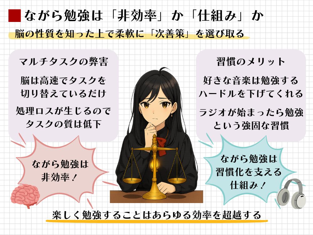 「ながら勉強」の是非を脳科学と習慣化の視点から図解。マルチタスクによる効率低下のリスクと、やる気スイッチとしてのメリットを比較衡量。「楽しく続けられること」を優先し自分に合った次善策を選ぶ重要性を解説。