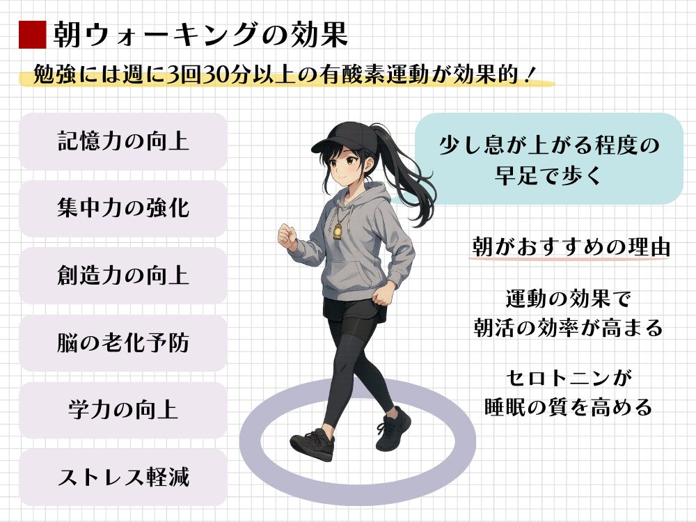 脳活のための運動習慣を図解。週3回30分以上の有酸素運動が記憶力・集中力・創造力・学力を向上させる効果を解説。実践法として、朝に少し息が上がる程度の早足ウォーキングが推奨される理由も示されている。