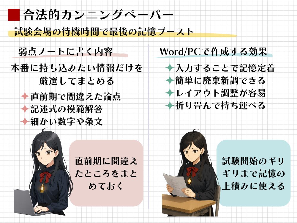 「合法的カンニングペーパー(弱点ノート)」の作成・活用フロー図。直前期にWord/PCで弱点論点をまとめ、試験会場の待機時間で記憶をブーストし、最後の数点を上積みする戦略的学習方法。